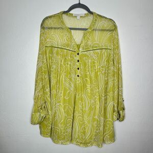 Juniper & Lime Womans Lined Sheer Tab Sleeve 1/4 button Top Plus Size 3X  Yellow